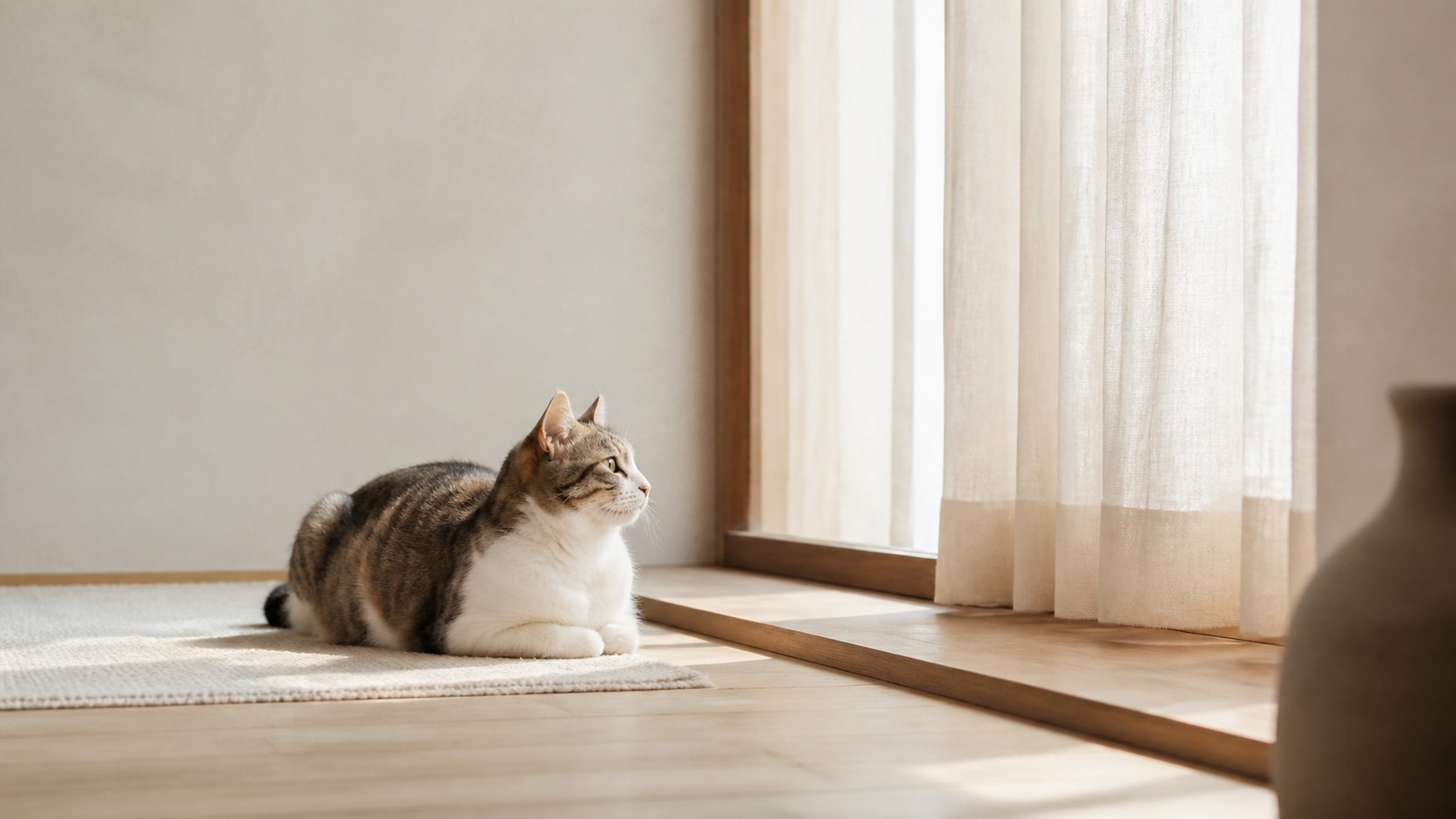 柔らかな自然光の窓辺で静かにくつろぐ猫