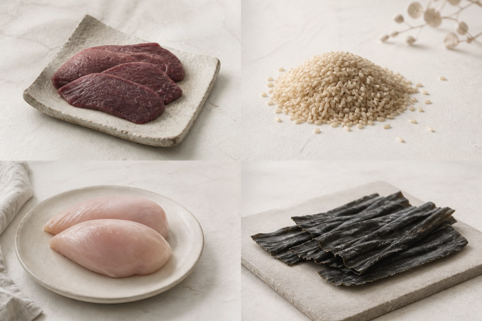 鹿肉、玄米、鶏むね肉、昆布の素材写真